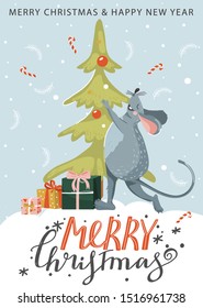 Cute mouse decorate Christmas tree. Rat is Chinese symbol 2020 year. Merry Christmas greeting card. Vector illustration.