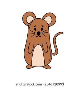 Cute mouse in doodle style. Cartoon brown mouse. Hand drawn illustration isolated on white background.