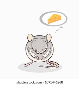 Cute mouse dreaming about chees. Sketch of dreaming mouse.