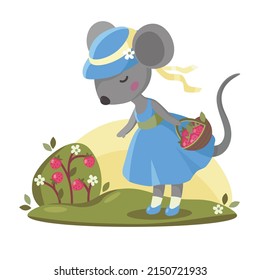 A Cute Mouse In A Dress And Hat Is Picking Berries In A Basket. Vector Illustration.