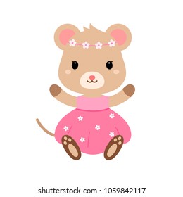 Cute mouse in dress. Vector flat illustration isolated on white background.