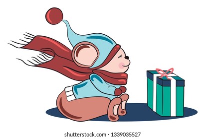 Ratón lindo vestido con ropa festiva esperando abrir el dibujo o ilustración de color vectorial actual 