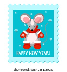 Cute mouse dressed in mittens and socks on postcard background. Creative character  for 2020 New Year. Rat symbol of the year in the Chinese calendar. Vector illustration. Funny design