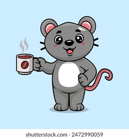 Cute mouse drinking coffee cartoon icon illustration. Animal drink icon concept isolated flat cartoon style