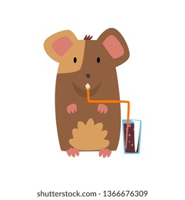 Cute Mouse Drinking Soda Drink with Straw, Cute Humanized Animal Cartoon Character Vector Illustration
