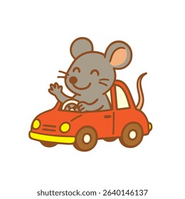 A cute mouse driving a red car and waving hello