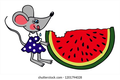 Cute mouse is eating a big watermelon. Colored vector for card or gift. Cartoon illustration. 