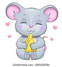 Cute mouse is eating cheese. Vector illustration of an animal on a white background.