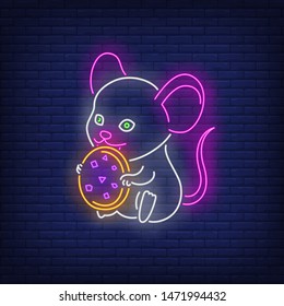 Cute mouse eating cookie neon sign. New Year Day, animal design. Night bright neon sign, colorful billboard, light banner. Vector illustration in neon style.