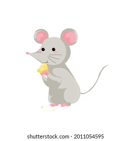 Cute mouse eating delicious cheese on white background, vector illustration
