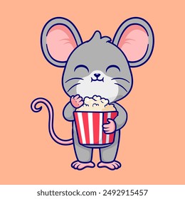 Cute Mouse Eating Popcorn Cartoon Vector Icon Illustration. Animal Food Icon Concept Isolated Premium Vector. Flat Cartoon Style