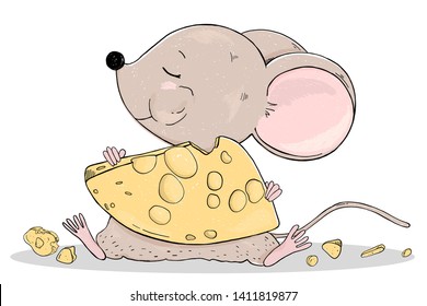 Cute mouse eats cheese. Colorful vector illustration on white background. Hand-drawn.