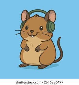Cute Mouse Enjoying Music, A charming illustration of a mouse joyfully immersed in music, wearing headphones against a calming blue backdrop