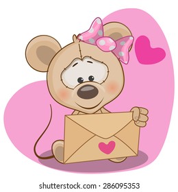 Cute Mouse in with envelope on a heart background