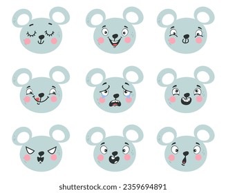 Cute mouse face character emoji emotion expression isolated set. Vector flat graphic design illustration