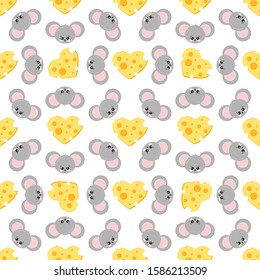 Cute mouse faces and cheese shape of heart colorful seamless pattern on white background. Funny animal character print. Endless texture. Sample children cartoon background. Vector flat illustration.