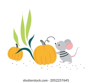 Cute Mouse as Farm Animal on Ranch Pushing Pumpkin Vector Illustration