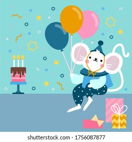 Cute mouse in a festive cap with a balloon and a gift wishes happy birthday. Holiday card