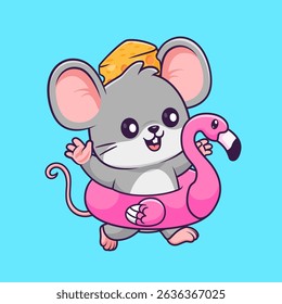 Cute Mouse With Flamingo Swimming Tires And Cheese Cartoon Vector Icon Illustration. Animal Holiday Icon Concept Isolated Premium Vector. Flat Cartoon Style
