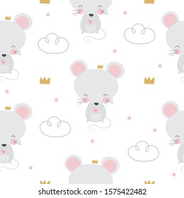 Cute mouse flat hand drawn vector illustration. Mouse cartoon animal character seamless pattern. Little mouse in scandinavian style