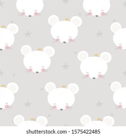 Cute mouse flat hand drawn vector illustration. Mouse cartoon animal character seamless pattern. Little mouse in scandinavian style