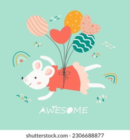 Cute mouse flies on balloons. Cartoon vector illustration with a white mouse. The inscription Awesome. Hand-drawn children's illustration. Print for postcard, prints, t-shirts.Blue isolated background