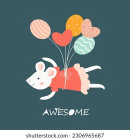 Cute mouse flies on balloons. Cartoon vector illustration with a white mouse. Hand-drawn children's illustration. Print for postcard, prints, t-shirts. Dark isolated background. 