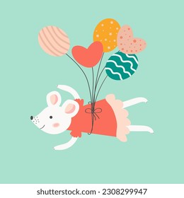 Cute mouse flies on balloons. Cartoon vector illustration with a white mouse. Adorable children's illustration. Print for postcard, prints, t-shirts. Blue isolated background. 