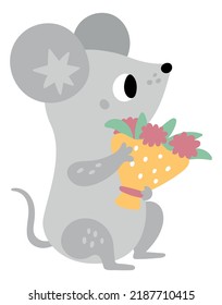 Cute mouse with flower bouquet. Romantic baby animal