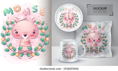 Cute mouse in flower poster and merchandising. Vector eps 10