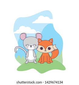 cute mouse with fox animals in landscape