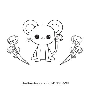 cute mouse in frame circular with flowers