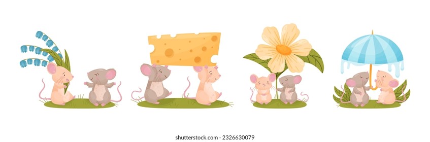 Cute Mouse Friends Character Engaged in Different Activity Vector Set