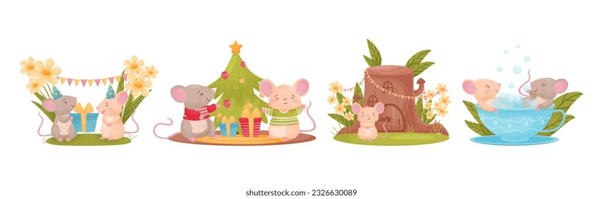 Cute Mouse Friends Character Engaged in Different Activity Vector Set