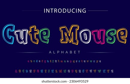 Cute Mouse Funky colorful cartoon font type. Vector alphabet