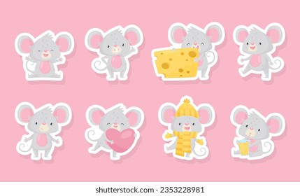 Ratón lindo como pequeño animal divertido involucrado en un juego de stickers vectores de actividad diferente