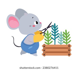 Cute Mouse Gardener Cut Plant with Pruner Vector Illustration