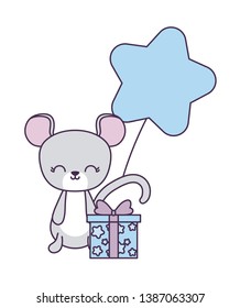 cute mouse with gift box and balloon helium