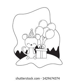 cute mouse with gift box and balloons helium
