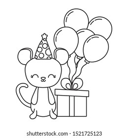 cute mouse with gift box and balloons helium vector illustration design