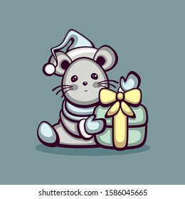 Cute mouse with gift box. Vector illustration for greeting card and invitation. Chinese zodiac sign 2020. 