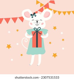 Cute mouse with a gift. Cartoon vector illustration with a birthday mouse. Hand drawn children illustration. Print for postcard, prints, t-shirts. Pink isolated background. 