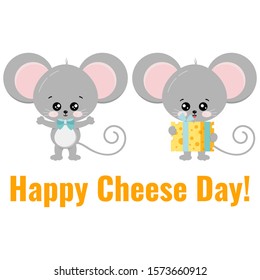 Cute mouse with gift tied with a ribbon piece of cheese congratulates another mouse. Vector flat style illustration isolated on white background. Cartoon little rat with food. Happy Cheese Day concept