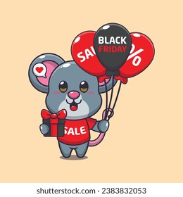 cute mouse with gifts and balloons in black friday sale cartoon vector illustration