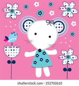 cute mouse girl with bird vector illustration