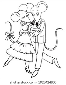 Cute mouse girl and boy are dancing. Black and white vector for coloring, for card or gift. 