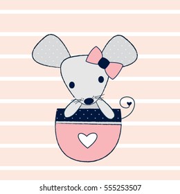 cute mouse girl in the pocket on striped background vector illustration
