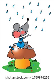 Cute mouse girl is sitting on a big mushroom in the rain. Colored vector for card or gift.