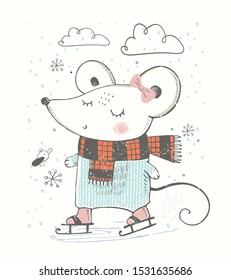 Cute mouse girl skating on ice, snow.Cartoon hand drawn vector illustration. Can be used for t-shirt print, kids wear fashion design, baby shower invitation card.