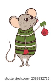 El ratón lindo da un regalo para Navidad. Rata. Un ratón en un suéter de punto. Símbolo chino. Elemento de diseño para tarjetas de felicitación, carteles, etiquetas de regalo para Navidad y Año Nuevo. Ilustración vectorial.